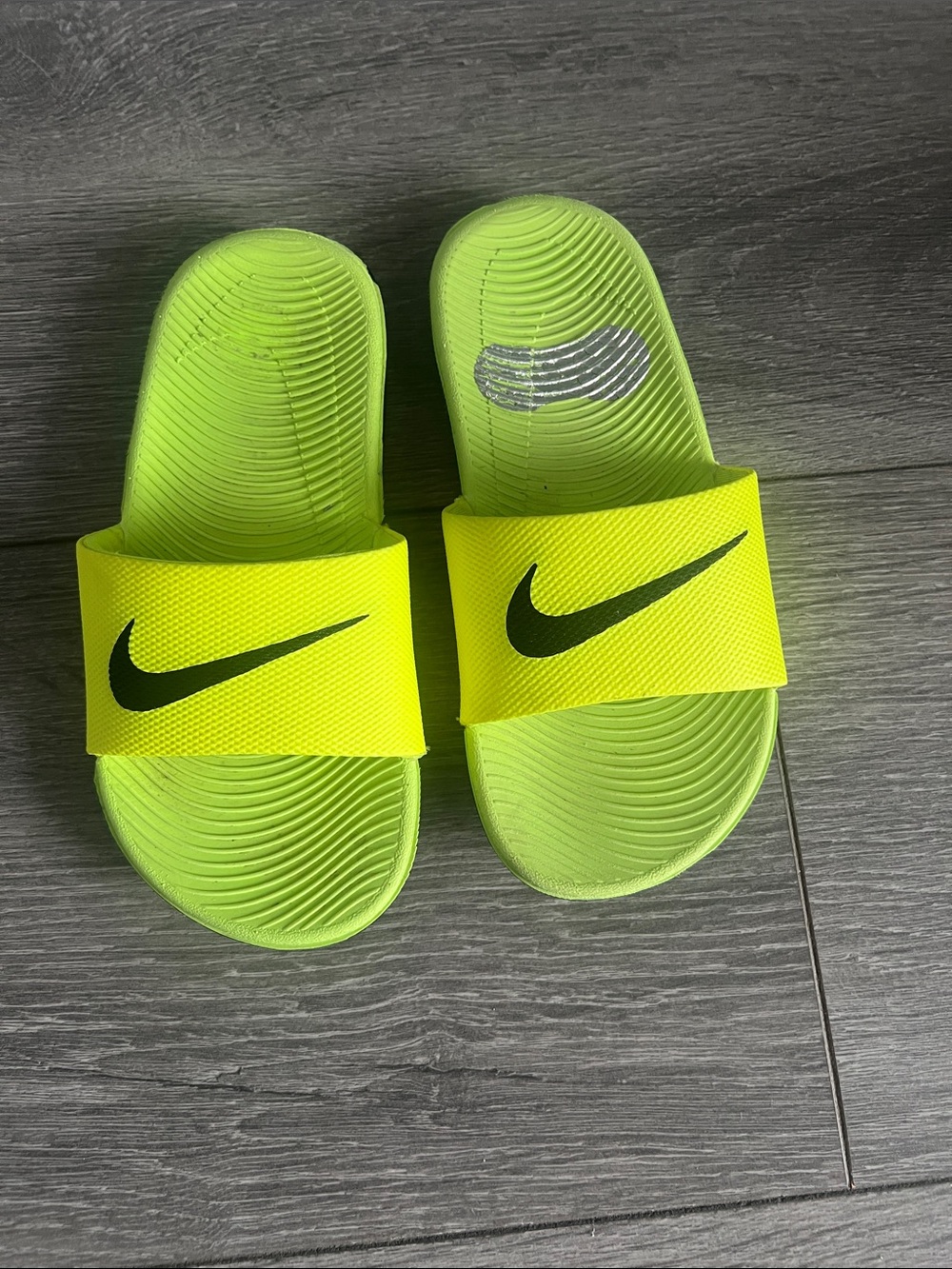 Nike Kids' Neon Green/Yellow Slide Sandals with Black Swoosh